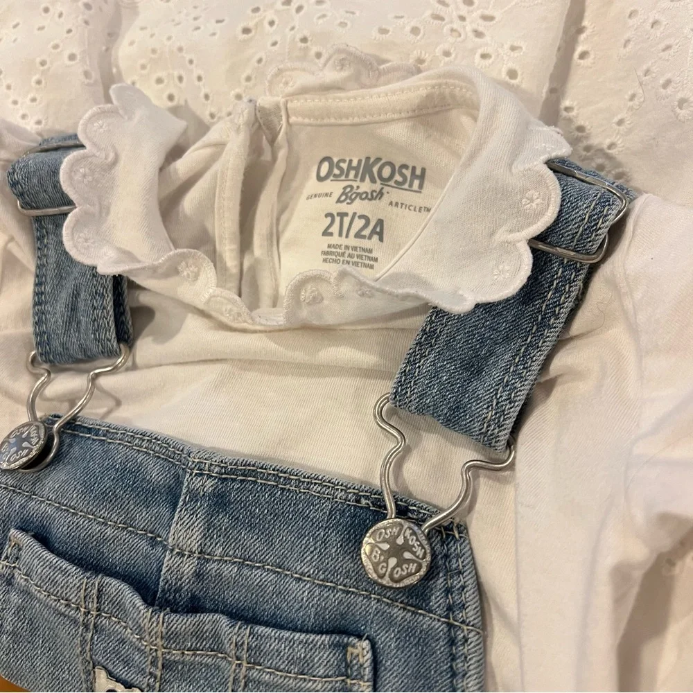 Osh Kosh B'Gosh Toddler Girl Blue Jean White Eyelet Bib Overall Dress Size 2T
